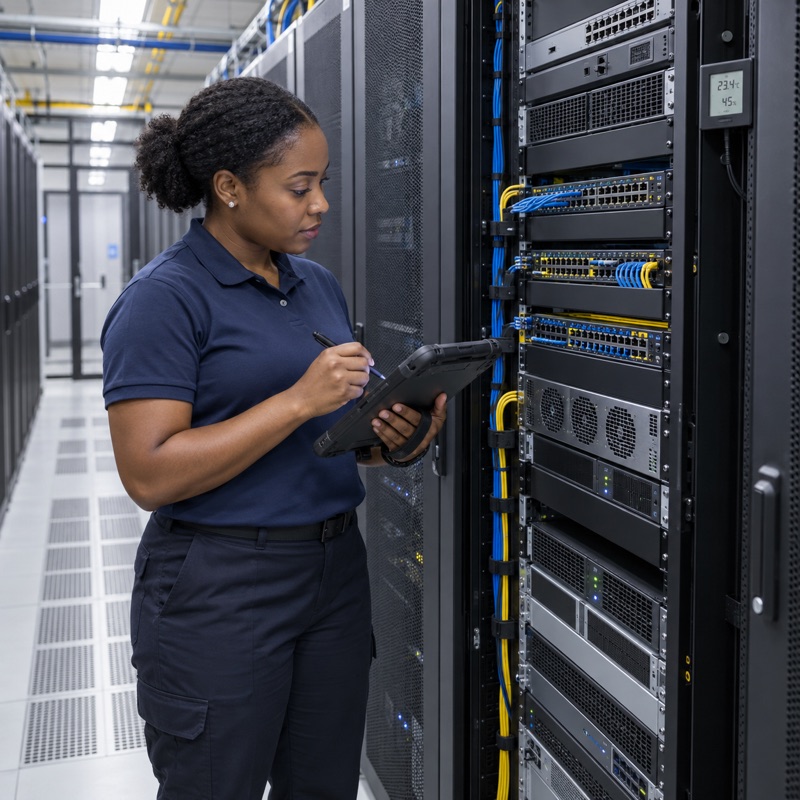 Technician reviewing survey data on a tablet beside network equipment racks