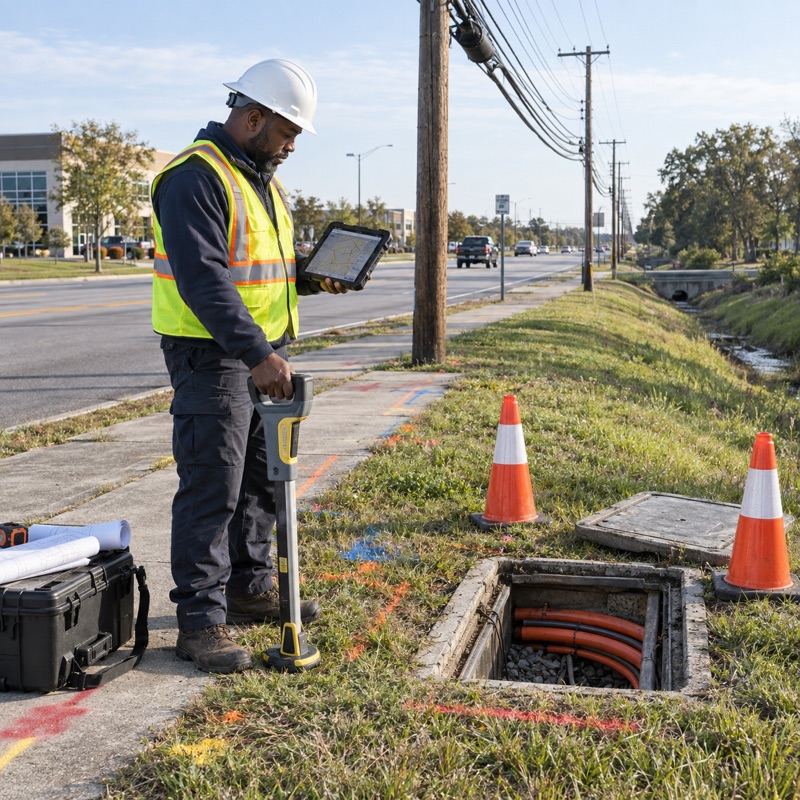 Technician locating underground fiber conduit beside a roadside utility vault